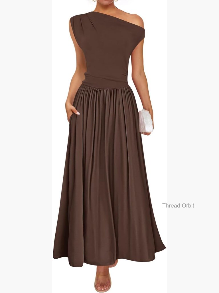 Sleeveless Maxi Dress One Shoulder Formal Casual Slim Swing Pleated Pockets